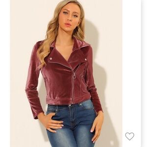 Allegra K Velvet Moto Zip Lapel Cropped Jacket